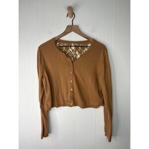 Fossil Tan Lace Back Button Up Cropped Cardigan Sweater Large Cottagecore